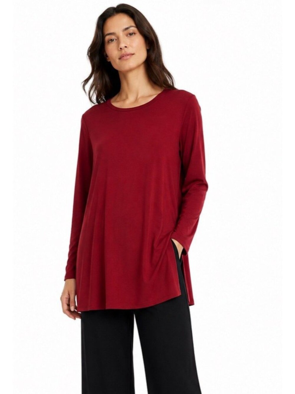 EILEEN FISHER shirt top tunic knit jersey red LARGE tencel lagenlook relaxed